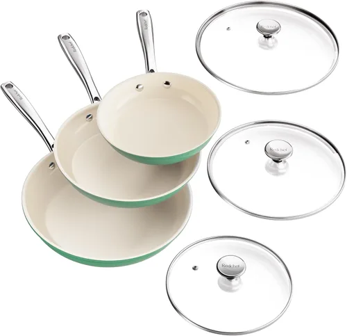 Redchef Juego de sartenes antiadherentes de 6 piezas, sartenes de 8, 9.5 y 11 pulgadas con tapas de vidrio templado, asas que se mantienen frías,