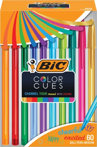 BIC Juego de bolígrafos de color Cues, paquete de 60 unidades, colores surtidos, bolígrafos de colores divertidos para suministros escolares,
