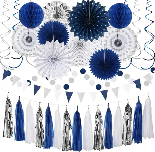 Miniatura 16 de Kits de decoración para fiestas negro blanco-plata - 33 piezas, banderas, guirnaldas con borlas para graduación, pompones de papel de seda tipo