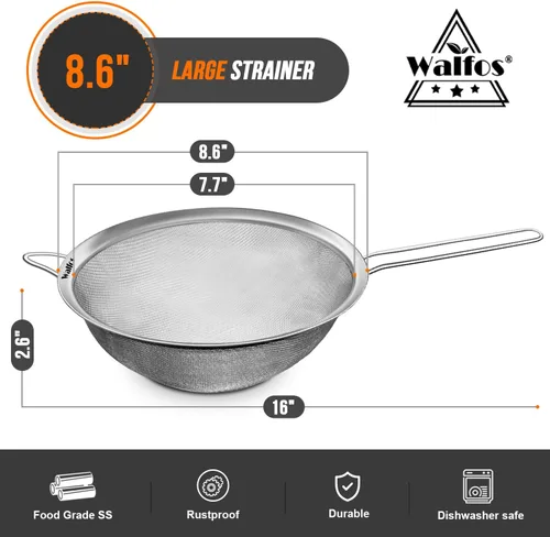 Miniatura 4 de Walfos Colador grande de malla fina de 8.6 pulgadas, coladores de alimentos de metal para cocina con mango resistente, tamiz de malla de acero