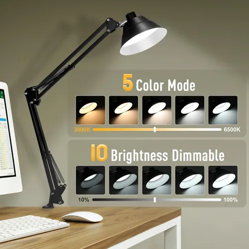 Miniatura 2 de Lámpara de escritorio LED para oficina en casa, lámpara de escritorio con brazo oscilante con abrazadera, lámpara de mesa de cuello de cisne Negro