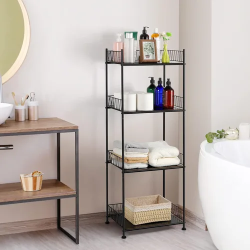 Miniatura 9 de OYEAL Estantes de baño independientes, almacenamiento de toallas de baño, unidad de estantería de alambre de 4 niveles con guardia, organizador