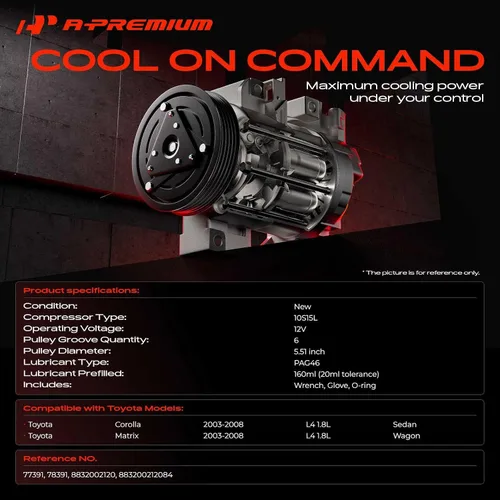 Miniatura 2 de A-Premium Compresor de A/C con embrague - Compatible con 158386 - Compatible con Toyota Corolla 1.8L 2003-2008, Matrix 1.8L 2003-2008