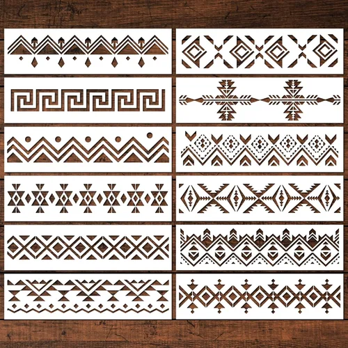 Keluna - Plantillas aztecas - 12 piezas Plantillas de bordes de patrón boho para pintura DIY en pared y lienzo de madera