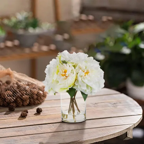 Miniatura 6 de ENOVA FLORAL Flores de seda de peonías en jarrón, flores falsas con agua sintética en jarrón de vidrio para decoración de mesa de comedor, centros