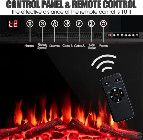 Miniatura 9 de COSTWAY Chimenea eléctrica de 34 pulgadas, calentador de chimenea empotrado y montado en la pared con 4 colores de llama y tronco, velocidad