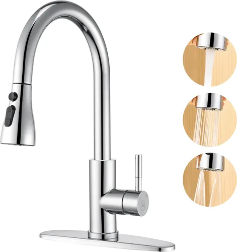 Miniatura 10 de GAGALIFE Grifos de cocina con rociador desplegable – Grifo de fregadero de cocina con hoja de alta presión, níquel cepillado de arco alto, mango