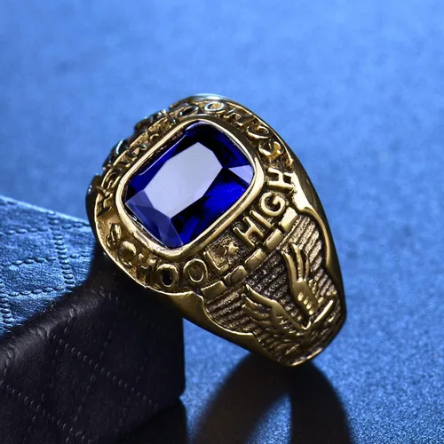 Miniatura 3 de MASOP Royal Blue Sapphire Color Anillo Acero Inoxidable Hombres Joyería Celebrar la Escuela Secundaria Anillos Tamaño 8-15