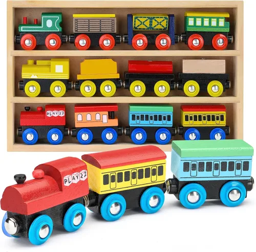 Miniatura 8 de Juego de Tren de Madera de 12 Piezas - Juego Magnético de Juguetes de Tren Incluye 3 Motores - Juegos de Tren de Juguete para Niños Pequeños y Niñas