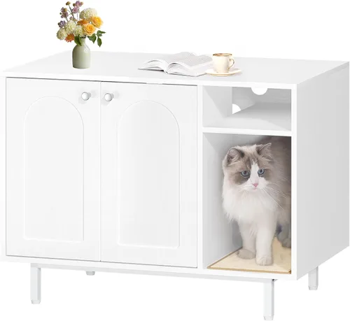 Miniatura 14 de Hzuaneri Caja de arena para gatos, mueble oculto con almacenamiento, armario grande de madera con alfombrilla de sisal, baño moderno para gatos