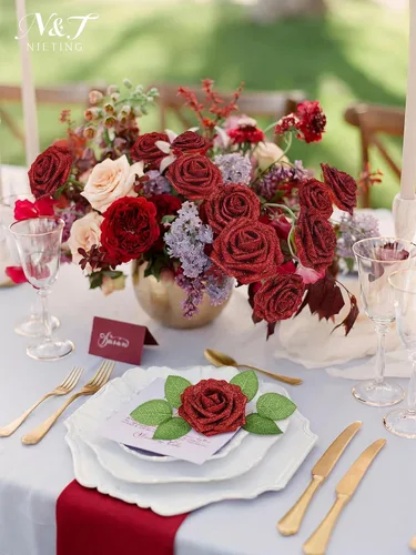 Miniatura 316 de N&T NIETING Flores artificiales, rosas artificiales de color rosa intenso, 50 piezas de flores falsas con tallo para ramos de boda DIY, centros