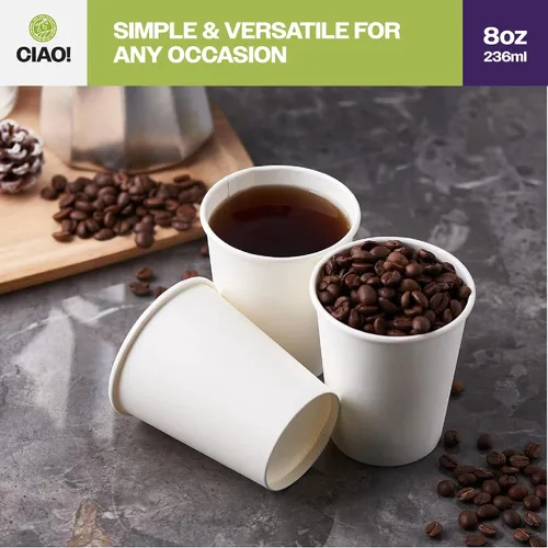 Miniatura 6 de CIAO! Vaso de papel desechable para bebidas calientes de 8oz, blanco, diámetro de 80mm, 1,000