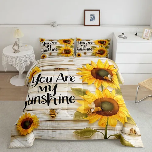 Miniatura 2 de Erosebridal Juego de ropa de cama con estampado de girasol, letras retro y flores amarillas, decoración de dormitorio, edredón de plumón de abeja