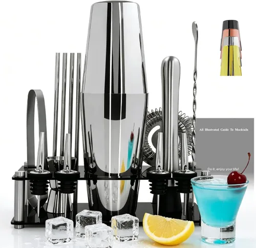 Miniatura 8 de Juego profesional de coctelera con soporte y recetas de cócteles, kit de 15 piezas de 750/600ml para barman, juego de utensilios de bar, juego de Oro