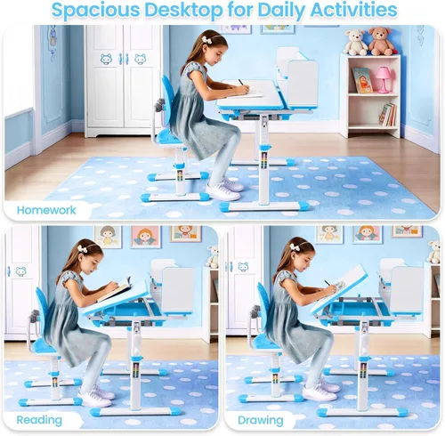 Miniatura 5 de Artist hand Kids Study Desk and Chair Set Height Adjustable Children School Table Large Writing Board Desk with LED Lamp Pull Out Drawer Pencil Case