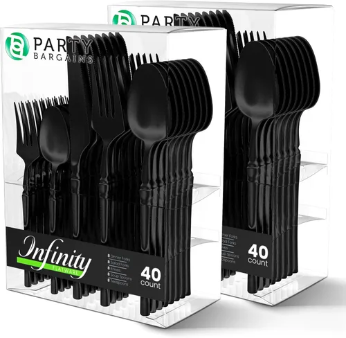 Miniatura 27 de Party Bargains Juego de cubiertos negros de plástico desechable, utensilios de diseño moderno infinito, paquete de 40: 16 tenedores, 8 cuchillos, 16
