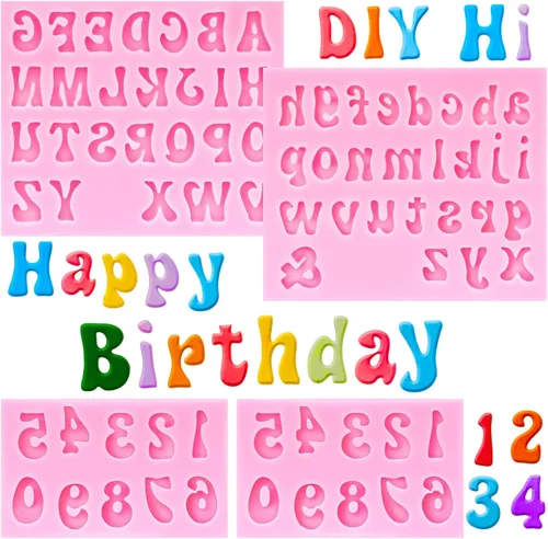 4 moldes de silicona para letras y números, moldes de chocolate con letras y números, 0-9 números y 26 letras para postres de horneado de fiestas,