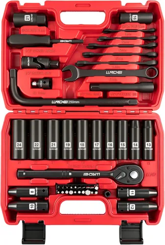 Miniatura 10 de LLNDEI Juego de llaves de impacto de trinquete de 1/4 pulgada de 83 piezas, llave de trinquete de 72T, juego de herramientas mecánicas CR-V