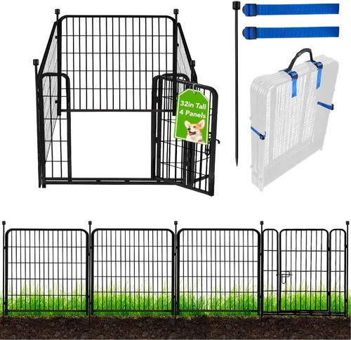 ADAVIN Cercas y Bordes de Jardín de 32 Pulgadas (Alto), 1 Puerta + 3 Paneles Cerca para Perros Exterior para Patio, Cerca Barrera de Metal de Hierro