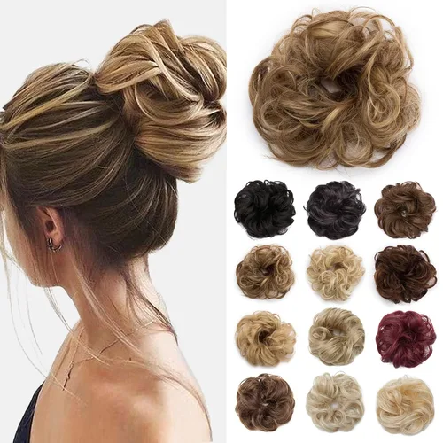 Miniatura 46 de Benehair Moño desordenado, pieza de pelo recogido para mujer, esponjoso, ondulado, moño con dona, moño sintético con banda elástica de goma