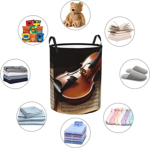 Miniatura 6 de Cesta circular con estampado de violín y libro, impermeable, cesta organizadora de lavandería, con asas, para ropa, juguetes, pequeña