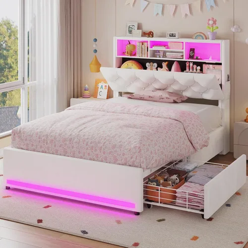 Miniatura 12 de HAUOMS Cama Twin con Cabecera de 3 Niveles y Almacenamiento Oculto, Marco LED Tapizado con 4 Cajones y Estación de Carga, Cama de Plataforma de Pu