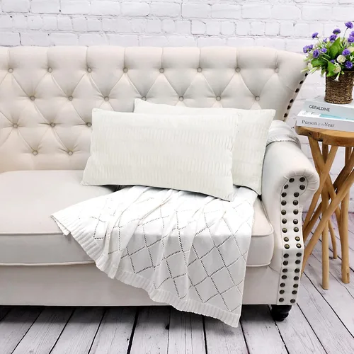 Miniatura 2 de Juego de 2 fundas de almohada decorativas de terciopelo a rayas plisadas de 14 x 26 pulgadas, funda de cojín rectangular suave y elegante para sofá