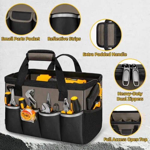 Miniatura 3 de NECKORY Bolsa de herramientas, organizador de caja de herramientas portátil, correa de hombro ajustable, bolsa de transporte de herramientas Café