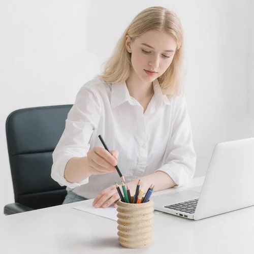 Miniatura 3 de Soporte para bolígrafos para escritorio, piedra de travertino natural, soporte para brochas de maquillaje, vaso moderno y funcional para lápices