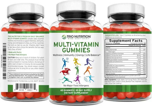 Miniatura 4 de TRIO NUTRITION Gomitas multivitamínicas diarias para hombres y mujeres, sabor a fruta natural con vitaminas esenciales A, B, C, D, E y zinc, sin