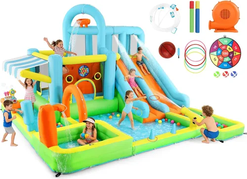 JOYLDIAS Casa inflable de rebote para niños, parque acuático inflable de lujo resistente con toboganes dobles, pared de escalada, piscina y toldo de