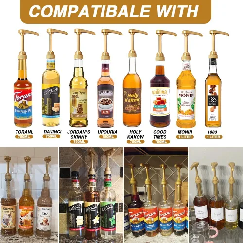 Miniatura 5 de 12 paquetes de dispensador de bomba de jarabe de café, se adapta a botellas de jarabe saborizante de café de 25.4 onzas, sin goteo, ideal para Oro
