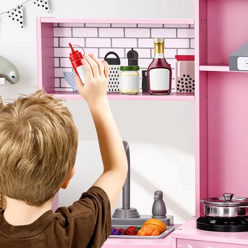 Miniatura 8 de JOYLDIAS Cocina de Juego para Niños, Set de Juguetes de Cocina de Madera de Esquina de Mentira para Niños Pequeños con Luces y Sonidos Realistas