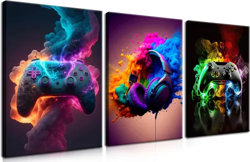 Miniatura 12 de Juego de Arte de Pared para Decoración de Sala de Juegos de 3 Piezas - Decoración de Pared de Control de Videojuegos para Gamers, Póster de Lienzo