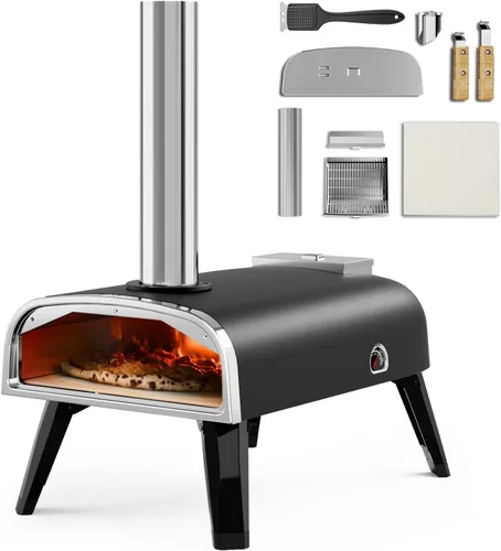 Miniatura 9 de aidpiza Horno de pizza para exteriores de 12" con pellet de madera y piedra para pizza giratoria portátil, a leña, con termómetro incorporado, Gris