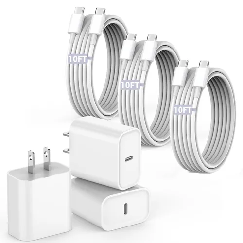 10 pies de cable de carga rápida para iPhone 17 16e 15, paquete de 3 cables de carga USB C a tipo C de 10 pies extra largos, bloque de carga USBC de