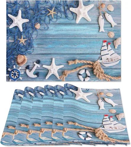 Miniatura 10 de Juego de 8 manteles individuales azules con diseño náutico de verano, diseño de estrella de mar, red antideslizante, resistente al calor, tela