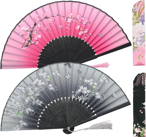 Miniatura 11 de Abanicos de mano plegables pequeños para mujer, 2 abanicos chinos japoneses de seda de bambú vintage, para baile, festival de música, boda, fiesta