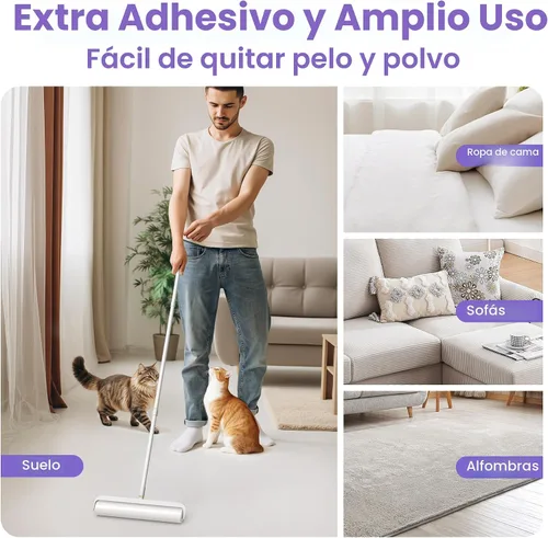 Miniatura 4 de DELOMO - Rodillos de pelusa extra grandes de 14.17 pulgadas para pelo de mascotas, rodillos adhesivos para suelo con 3 asas extensibles y 4