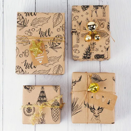 Miniatura 4 de RUSPEPA - Papel para envolver regalos de Navidad, papel kraft café con impresión de elementos navideños negros - 4 rollos de 30 pulgadas x 10 pies