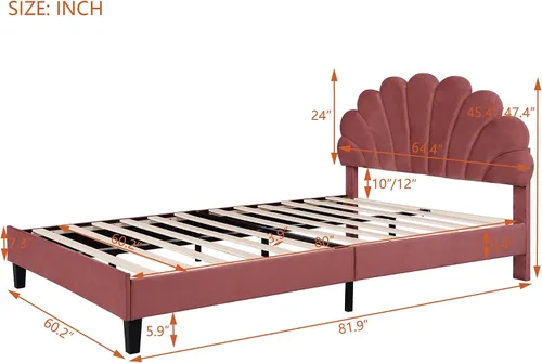 Miniatura 2 de Harper & Bright Designs - Cama de plataforma tapizada tamaño Queen con cabecera de terciopelo con patrón de flores, base de cama de madera
