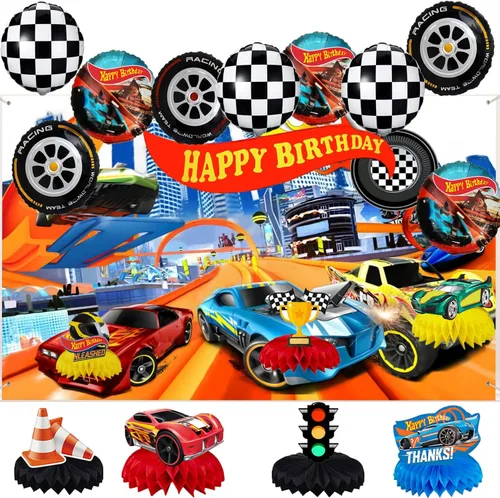 Decoraciones de cumpleaños de autos, suministros de fiesta de cumpleaños de autos de carreras, pancarta de fondo de fiesta de coche de carreras (7 x