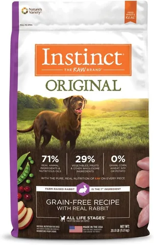 Instinct Alimento Seco Original para Perros, Croquetas con Recubrimiento Crudo, Alto en Proteína, Receta Sin Granos - Conejo Real, Bolsa de 20 lb
