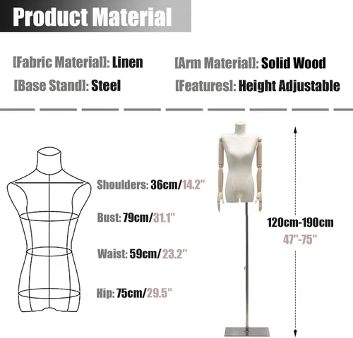 Miniatura 7 de Maniquí de forma de vestido femenino ajustable, cuerpo de torso de tela de lino para costura y exhibición, maniquí de sastre con soporte de metal