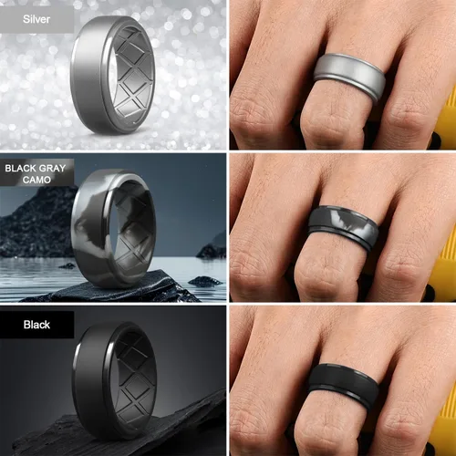 Miniatura 77 de Egnaro - Anillos de silicona para hombre, 25/64 pulgadas (10 mm) de ancho y 3/32 pulgadas (2.5 mm) de grosor, alianzas de boda de goma, paquete