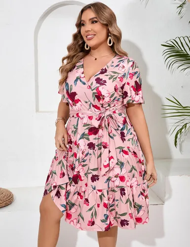 Miniatura 4 de KOJOOIN Vestido cruzado con cuello en V para mujer, talla grande, cintura alta, manga corta, vestido midi casual de verano con cinturón