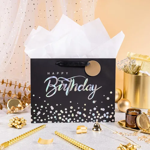 Miniatura 2 de Loveinside Bolsa de regalo de cumpleaños negra con papel de seda para cumpleaños, baby shower, fiesta y más, 13 x 5 x 10 pulgadas, 1 unidad