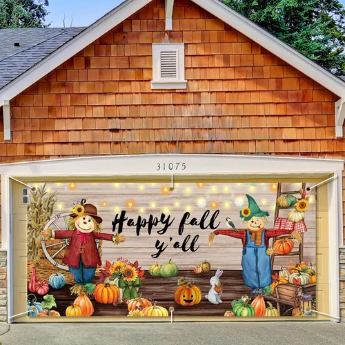 Miniatura 2 de Hosuly Pancarta decorativa de otoño para puerta de garaje de 13 x 6 pies, extra grande, telón de fondo de espantapájaros de calabaza y otoño