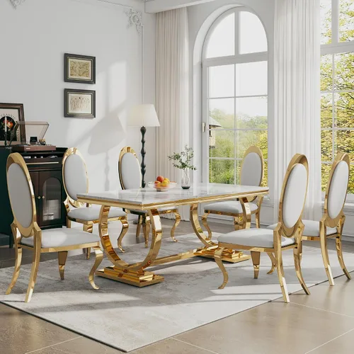 Miniatura 20 de Juego de mesa de comedor de 7 piezas, mesa de cocina de lujo de mármol sintético blanco de 70 pulgadas y 6 sillas copetudas de terciopelo beige