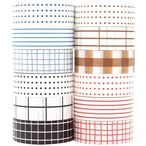 Juego de cinta adhesiva Washi básica de 12 rollos, cintas decorativas de puntos y cuadrícula para diarios, planificadores, álbumes de recortes,